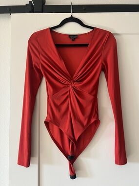 Topshop Red/Orange Twist-Front Long-Sleeve Bodysuit